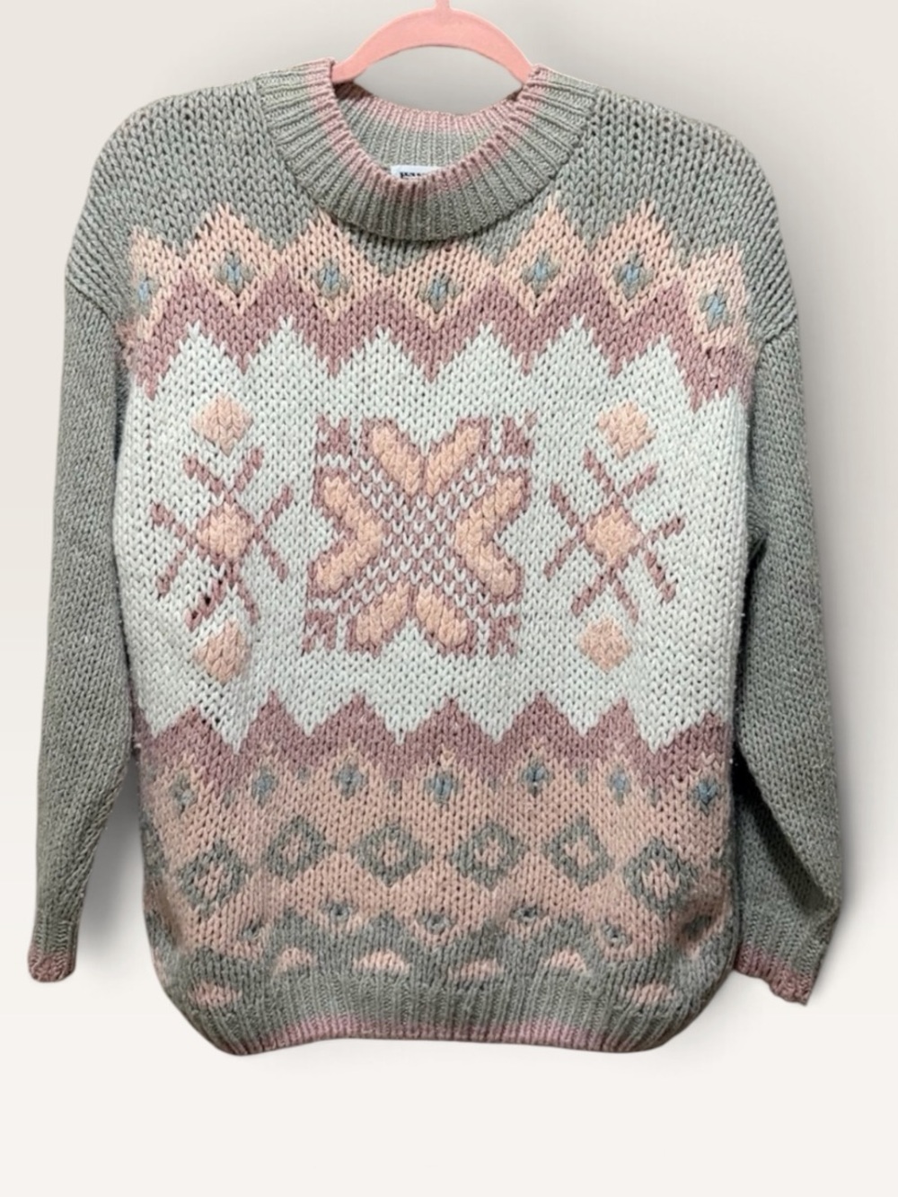 VINTAGE Hand Knit Erika Fair Isle Nordic Sweater Pink Gray L